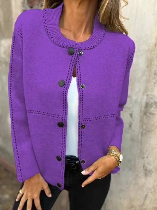 Striped Loose Crewneck Button-Front Long-Sleeve Cardigan Sweater