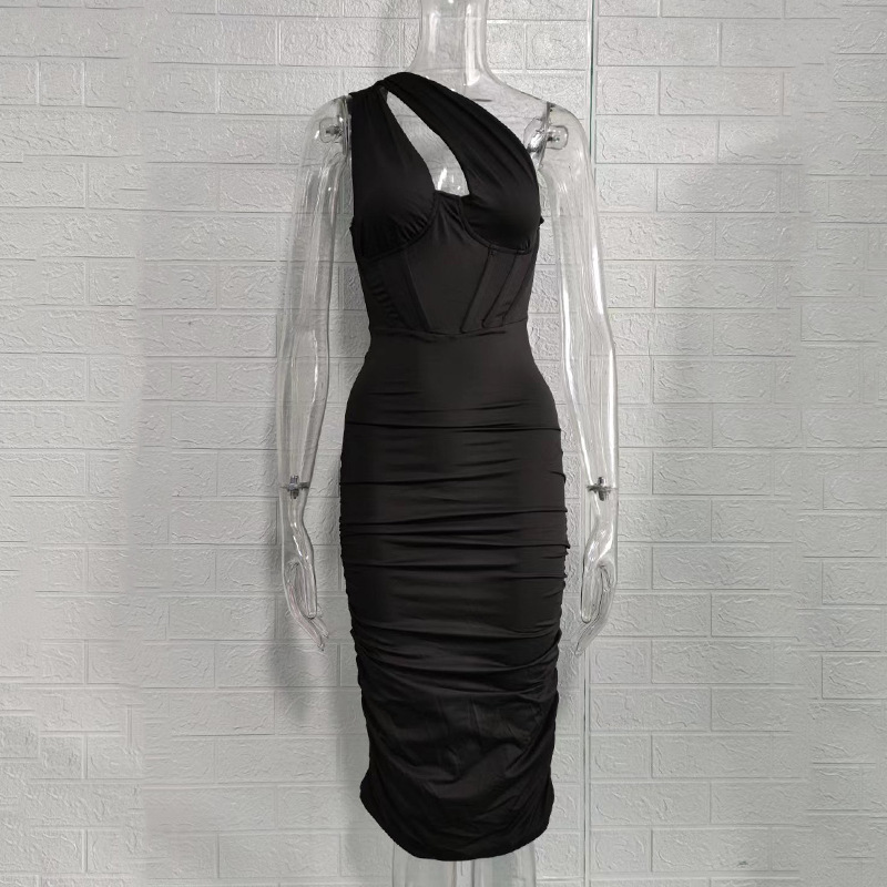 Women's One-Shoulder Cutout Ruched Bodycon Midi Dress