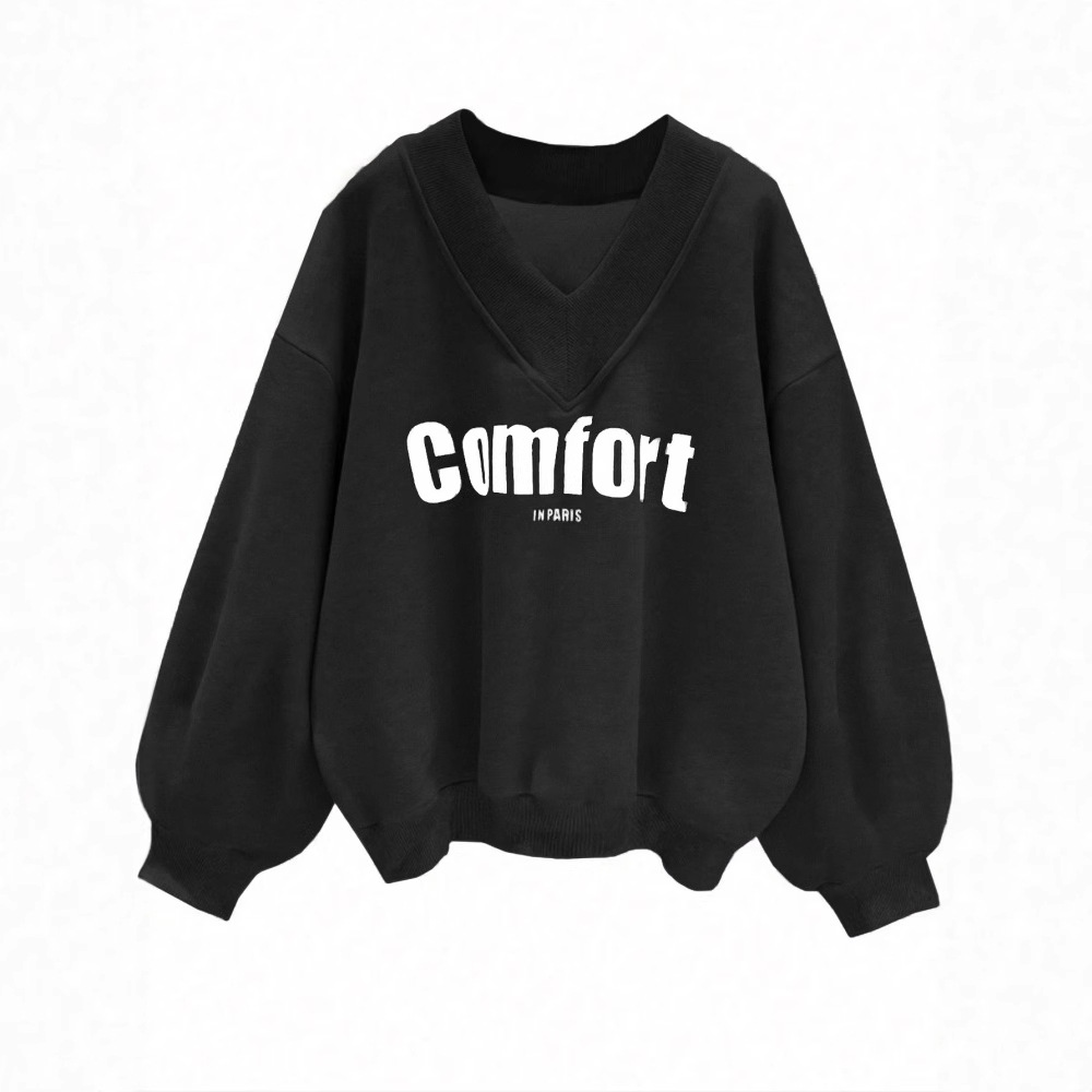 Gray V-Neck Pullover Sweatshirt Women's Loose Casual
