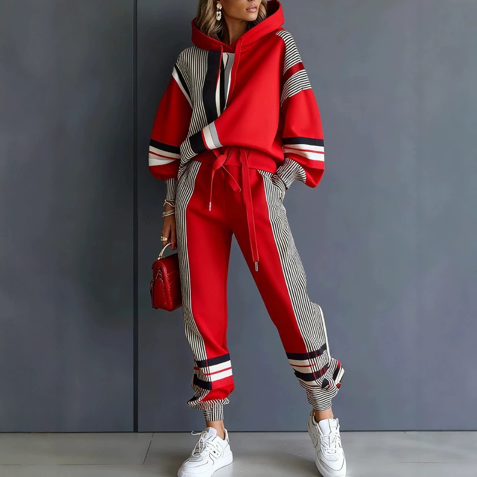 Women's Printed Hooded Long Sleeve Long Pants Casual Set