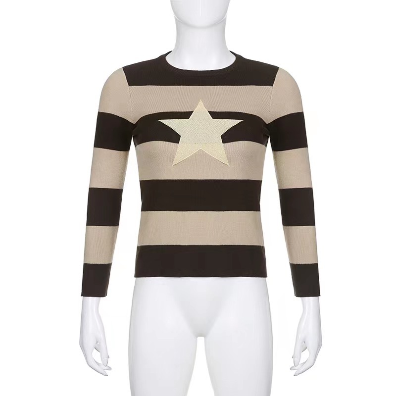 Star Striped Color-Block Crewneck Pullover Sweater