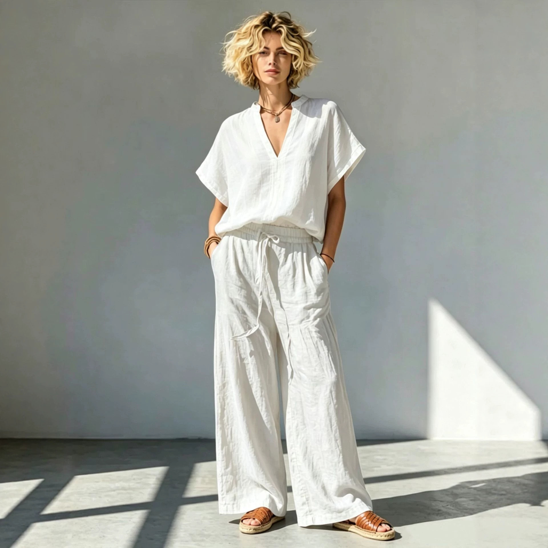 Women's Cotton-Linen V-Neck Short-Sleeve Shirt & Wide-Leg Pants Set