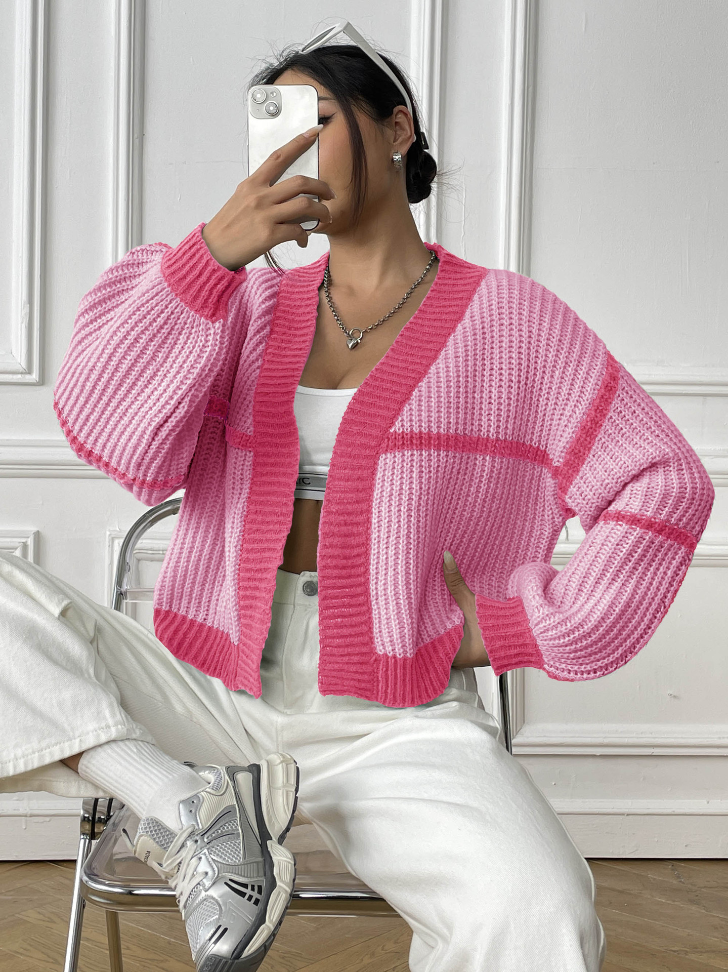 Women's Color-Block Knit Cardigan Loose Fit V-Neck Lantern Sleeve