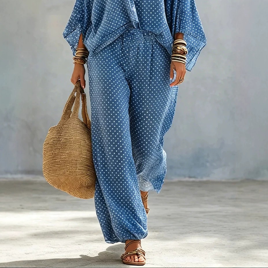 Women's Artistic Two-Piece Set with Crew Neck, Batwing Sleeves, and Wide-Leg Pants