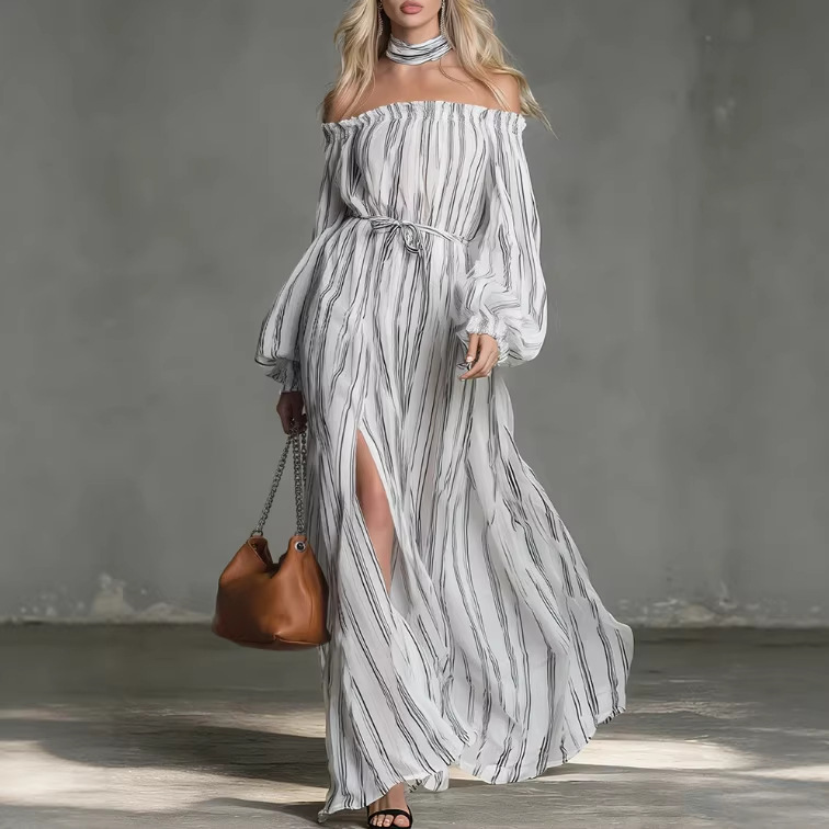 Off-Shoulder Striped Chiffon Long Sleeve Maxi Dress