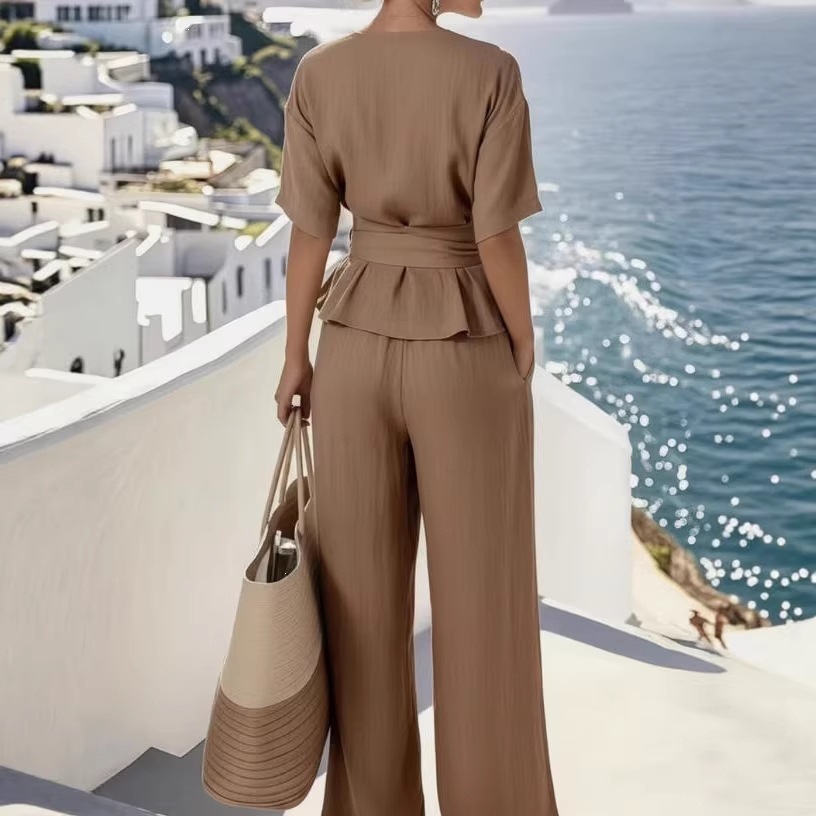 Women's V-Neck Tie Short Sleeve Top & Long Pants Two-Piece Set Casual Minimalist Commuter