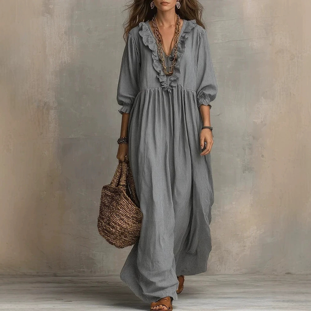 Striped Ruffle High-Waist V-Neck Loose Casual Dress