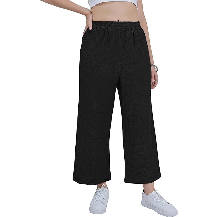 Women's Cotton-Linen Wide-Leg Capri Pants High-Waist Loose Casual