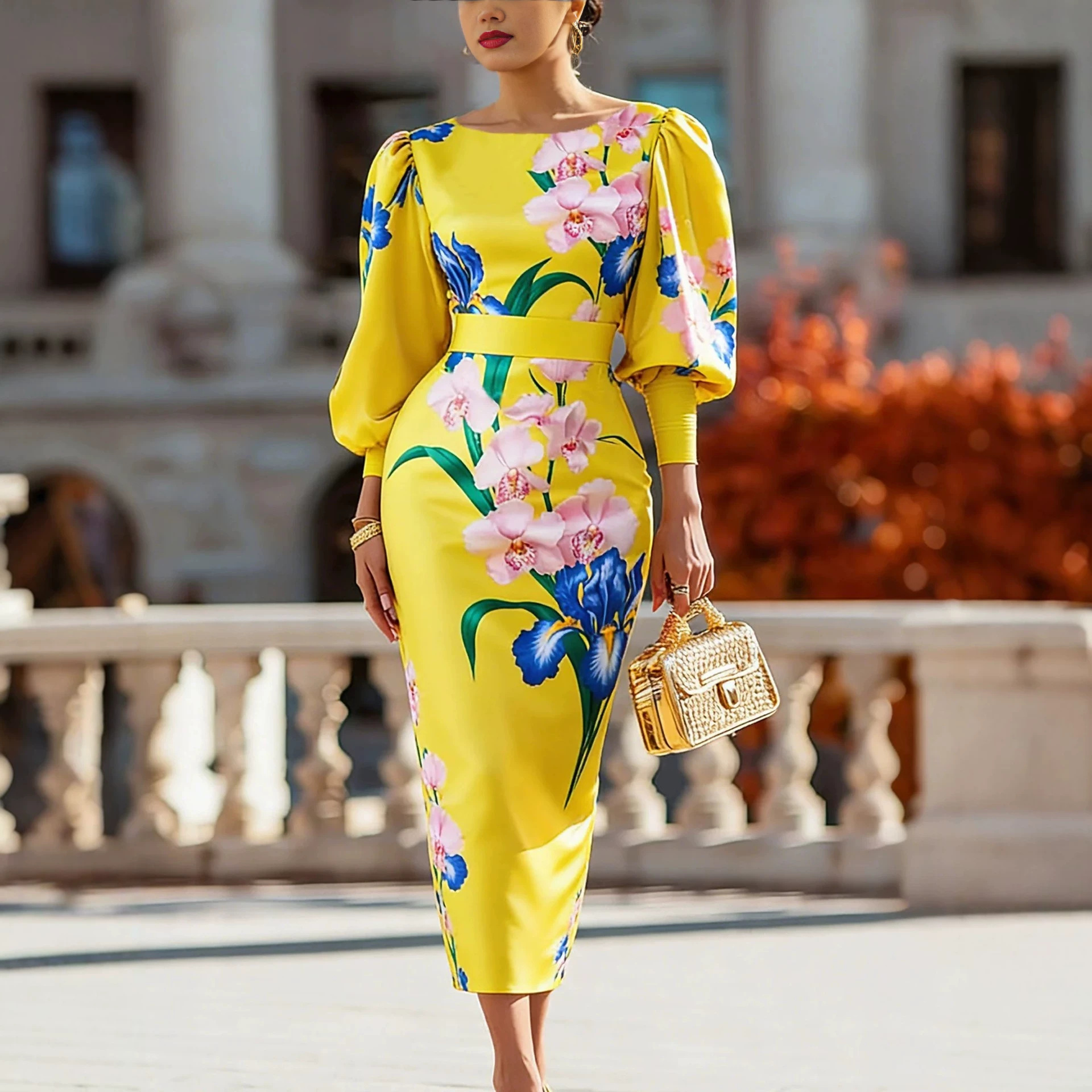 Yellow Floral Print Boat Neck Puff Sleeve Waist-Defining Bodycon Midi Dress