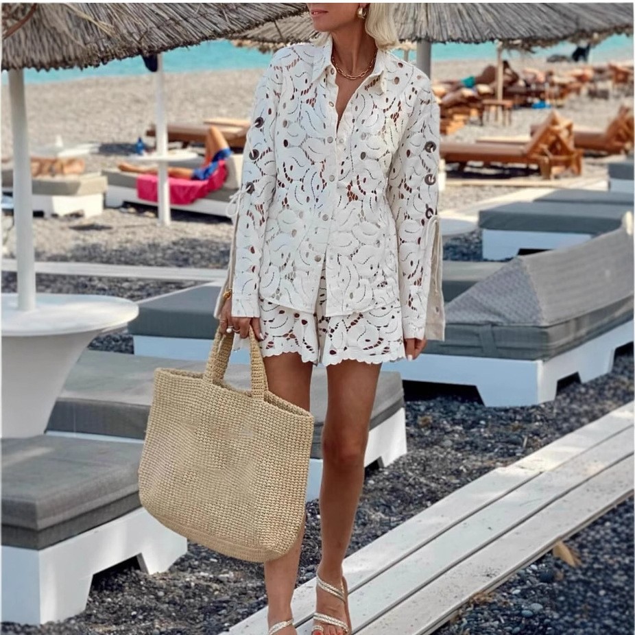 Women's Lace Cutout Collared Long Sleeve Top and Shorts Two-Piece Set