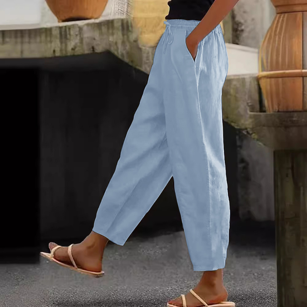 Women's Cotton-Linen Blend Solid Color Casual Pants with Side Pockets and Drawstring