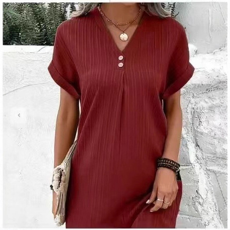 V-Neck Solid Button A-Line Midi Dress Short Sleeve Casual
