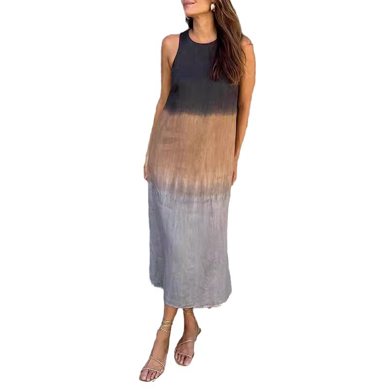 Women's Sleeveless Cotton Linen Gradient Dress Casual Split A-Line Midi