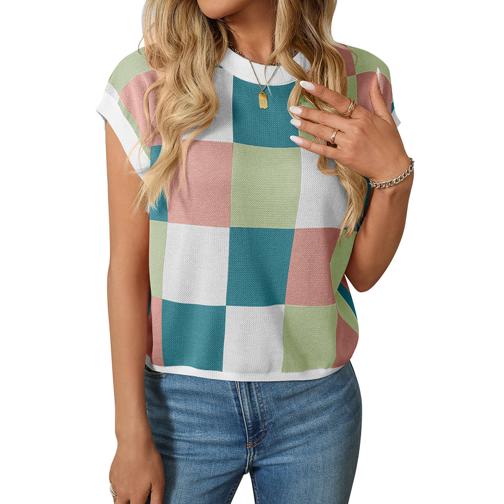 Color Block Checkered Crewneck Knit Crop Top with Cap Sleeves