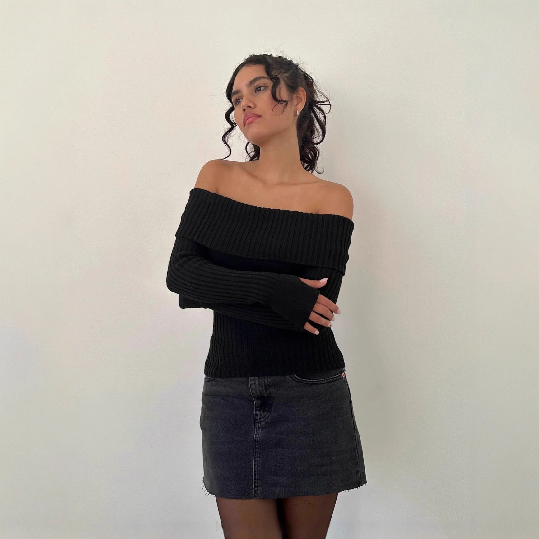 Sexy One-Shoulder Ribbed Slim-Fit Sweater with Oversized Collar