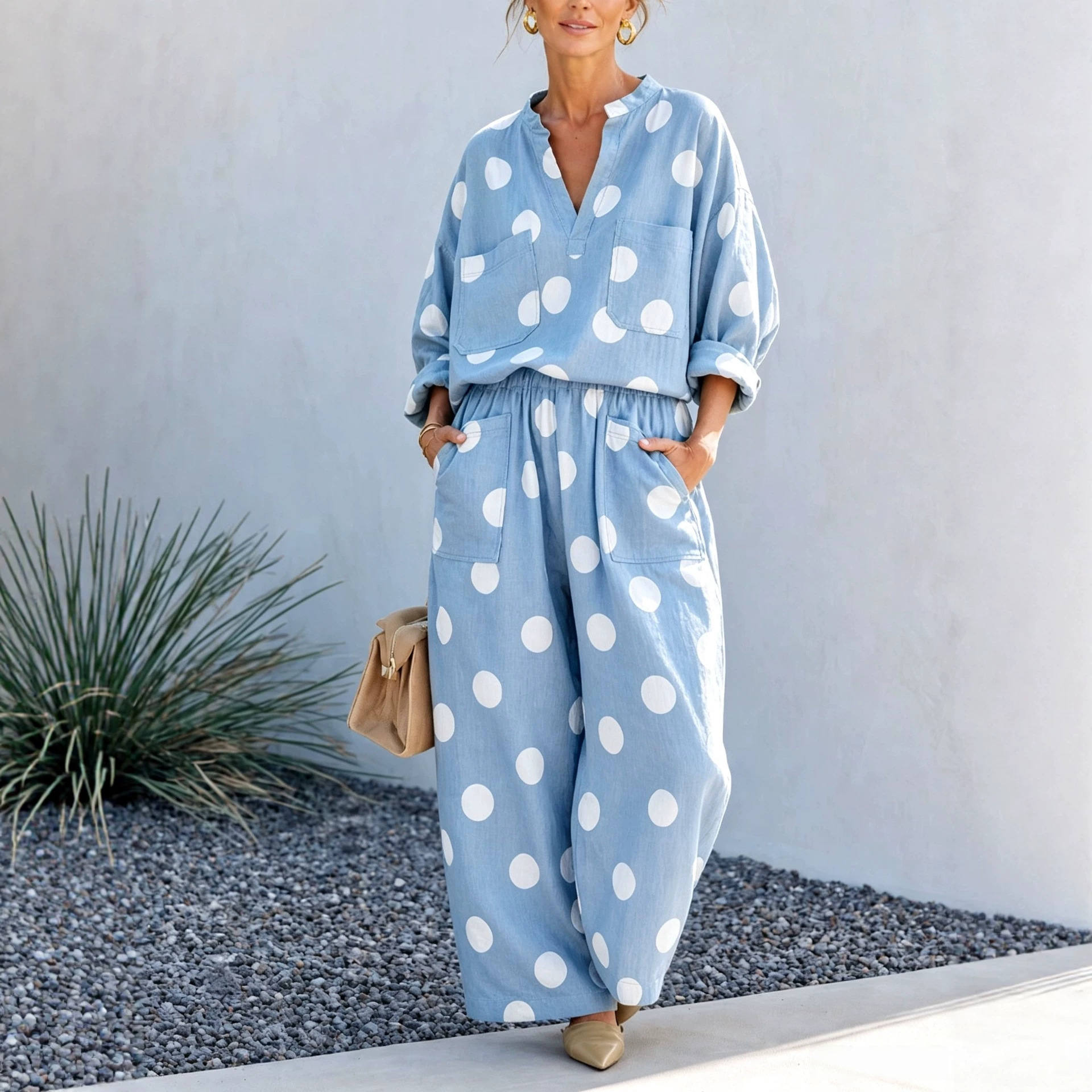 Women's V-Neck Long Sleeve Top and Wide-Leg Pants Two-Piece Set