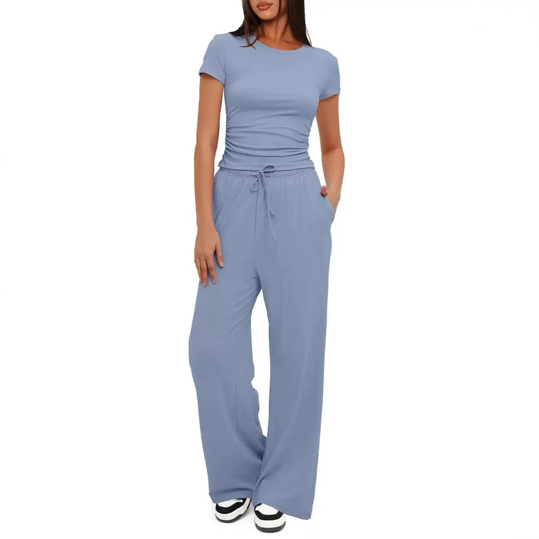 Women's Ruched Short Sleeve Top and Wide Leg Pants Two-Piece Set