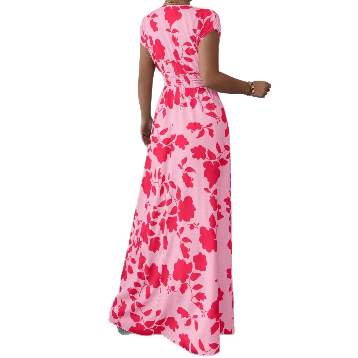 Floral Print V-Neck Tie-Waist Short Sleeve Midi Dress
