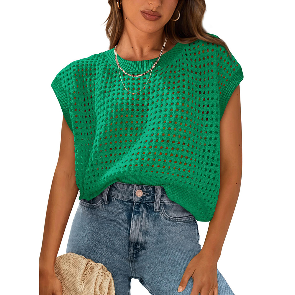 Women's Round Neck Hollow Out Knit Sun Protection Cover-Up