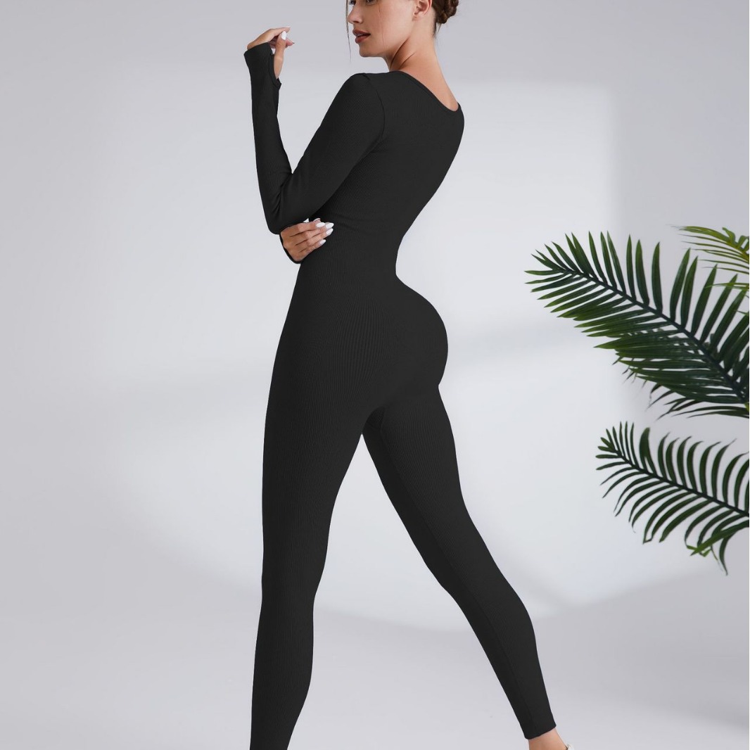 Women's Ribbed Long Sleeve One-Piece Yoga Jumpsuit Quick-Dry Running Fitness Bodysuit