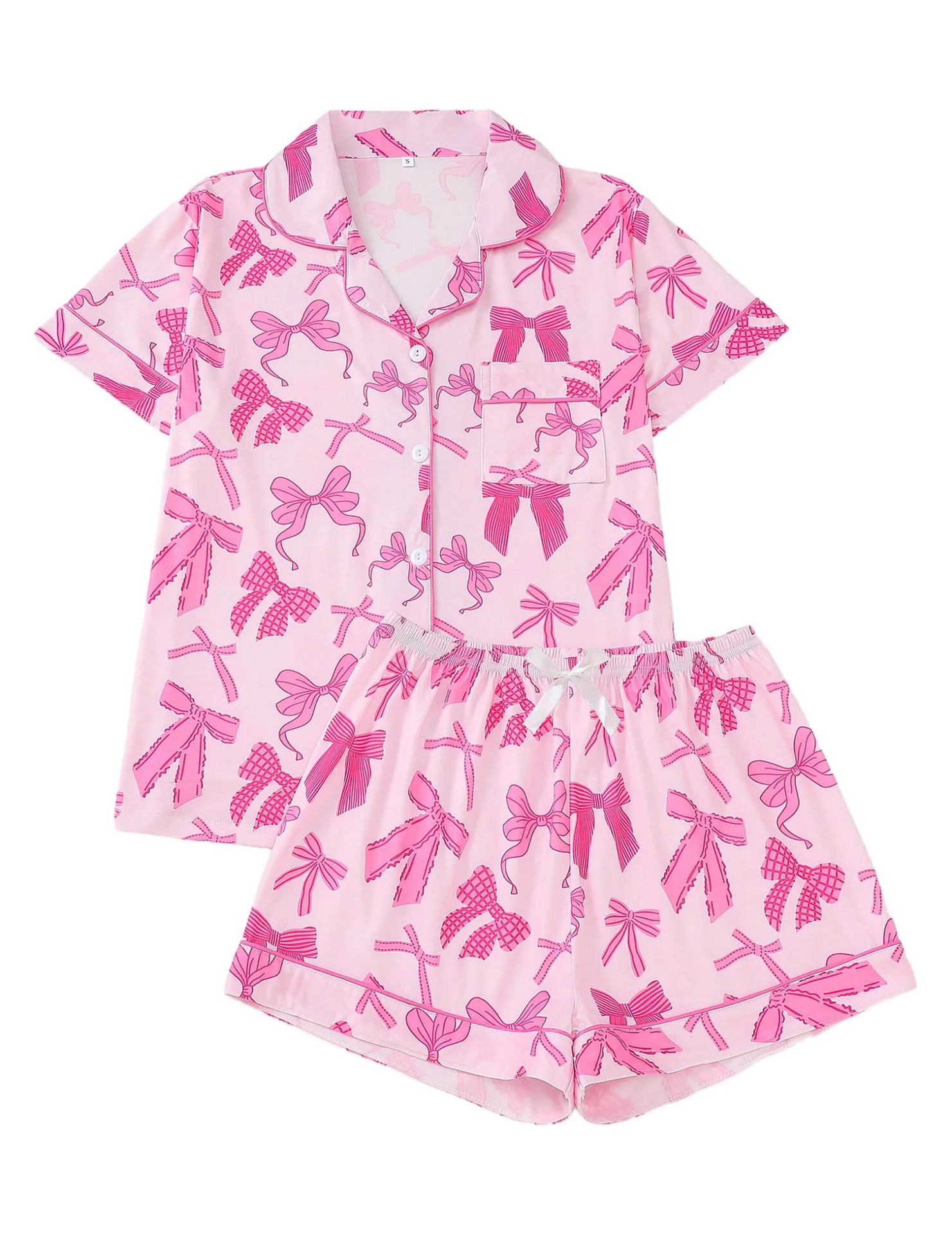 Women's Cuban Collar Short Sleeve Shirt Set with Ribbon Bow