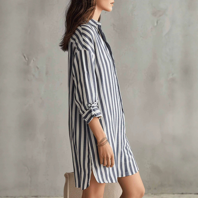 Striped Cotton-Blend A-Line Shirt Dress with Pockets, 3/4 Sleeve, Loose Fit