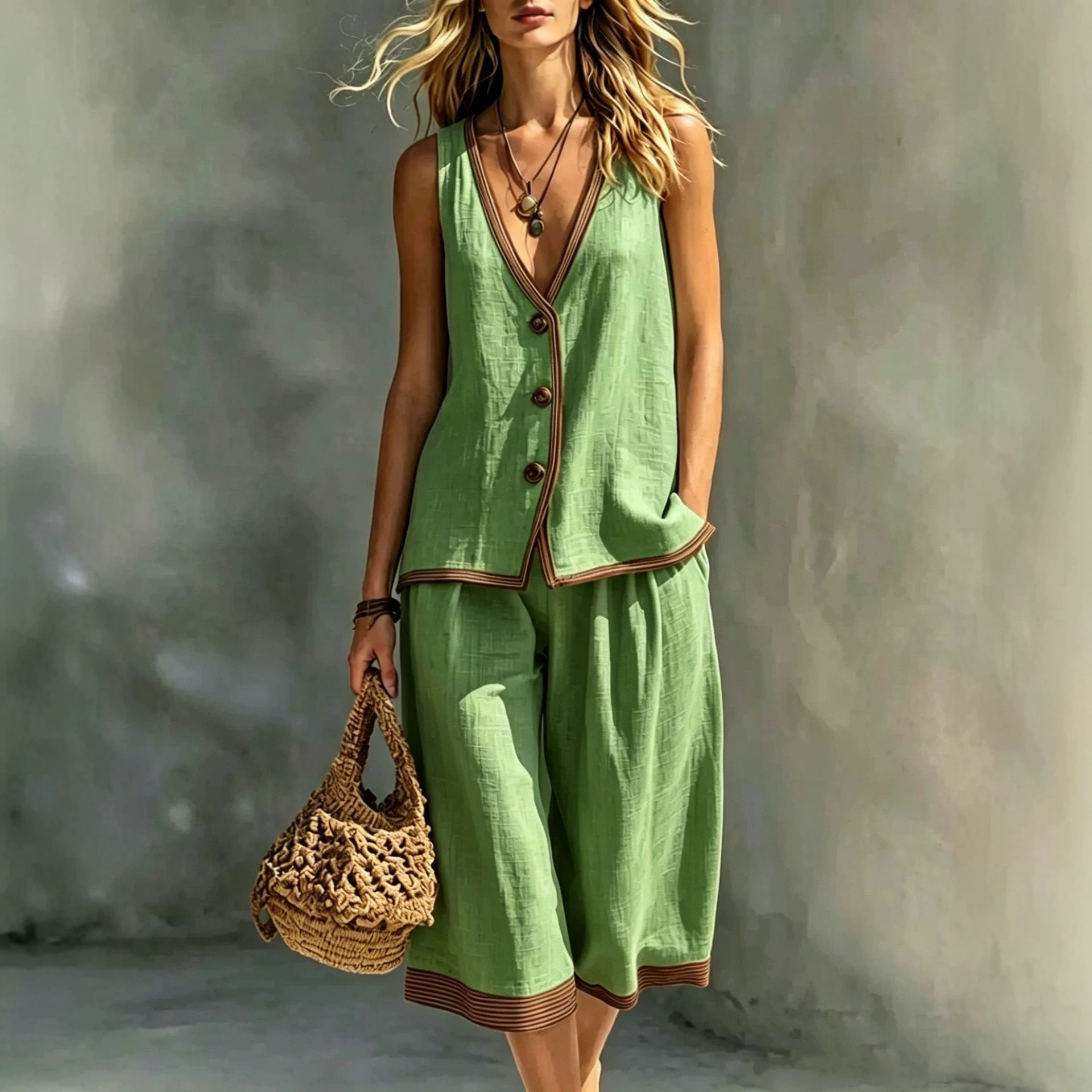 Women's Summer Button Tank Top & Shorts Set Casual Commuter