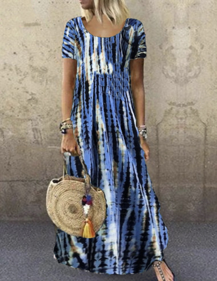 Tie-Dye Print Short Sleeve Round Neck Maxi Dress Plus Size Casual