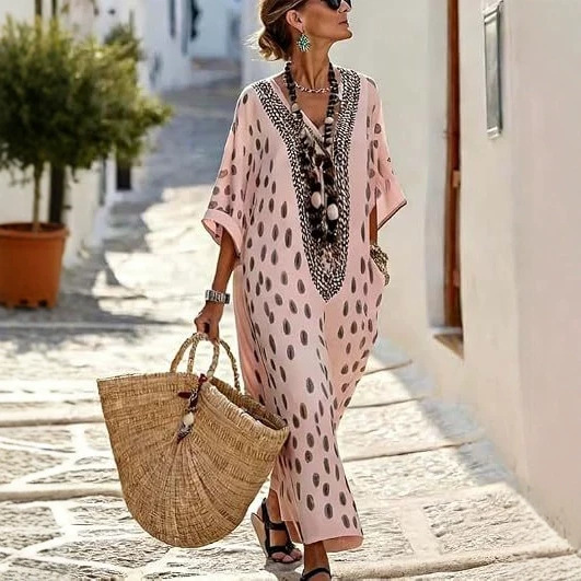 Women's Floral Polka Dot Print Midi Dress Deep V-Neck Five-Sleeve Slim Fit Casual