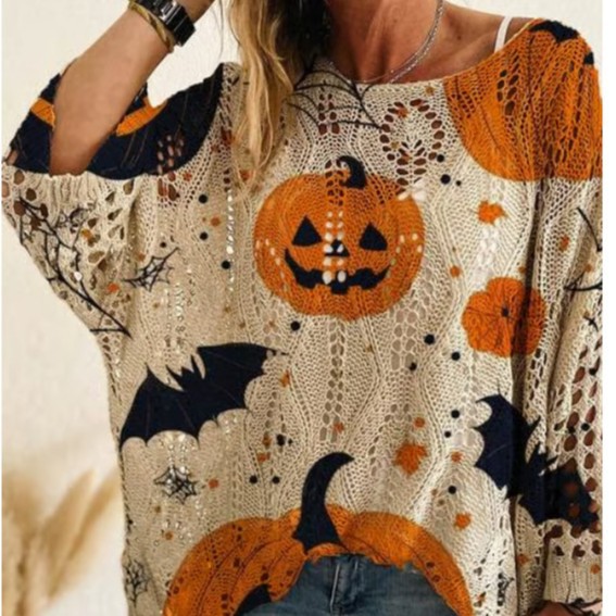 Halloween Pumpkin Crewneck Loose Fit Long Sleeve Sweater Top