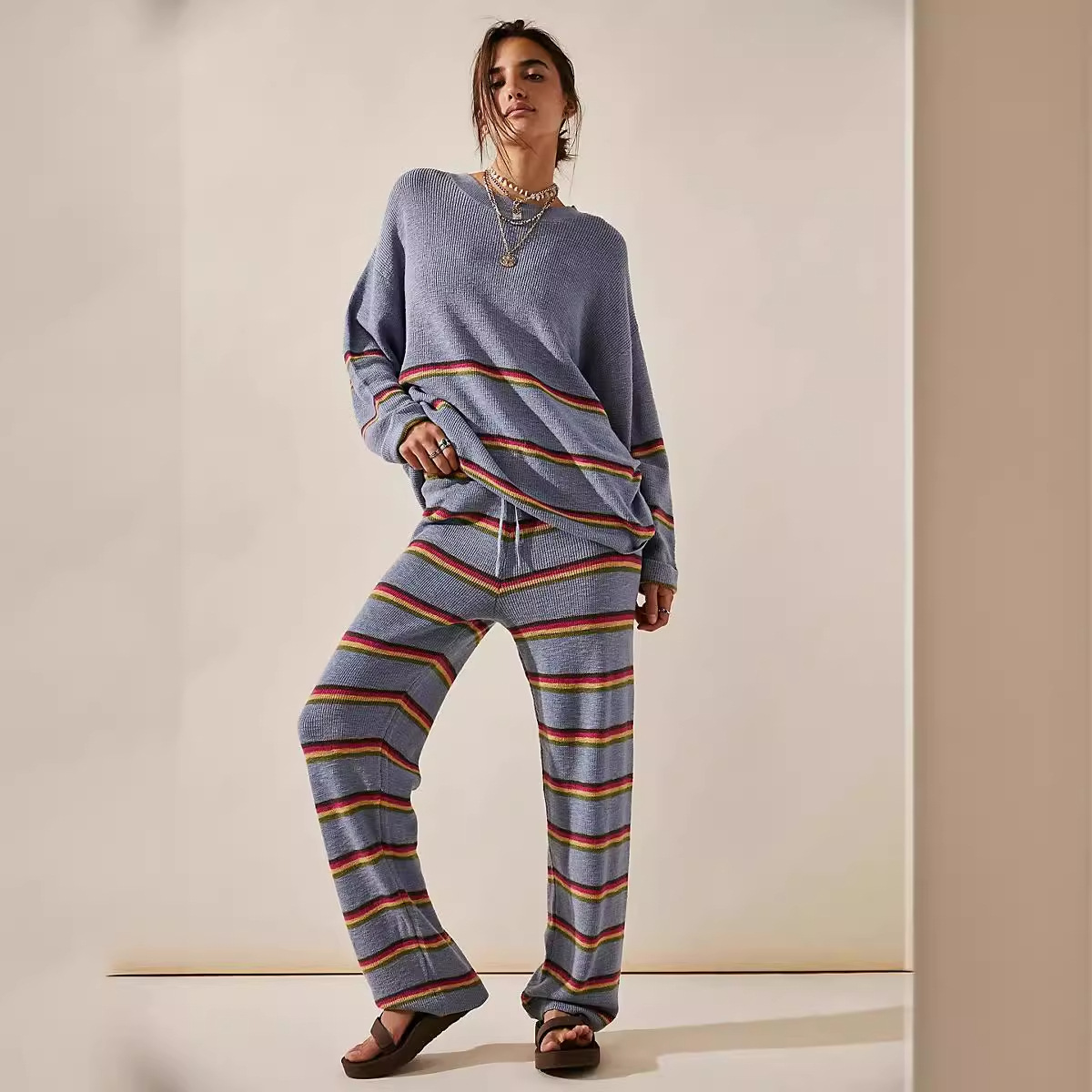 Women's Striped Sweater and Pants Set Crew Neck Long Sleeve Relaxed Fit