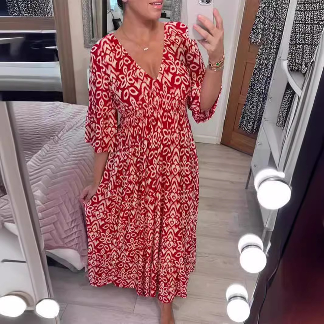Women's Plus Size V-Neck Floral Print Midi Dress with Bell Sleeves