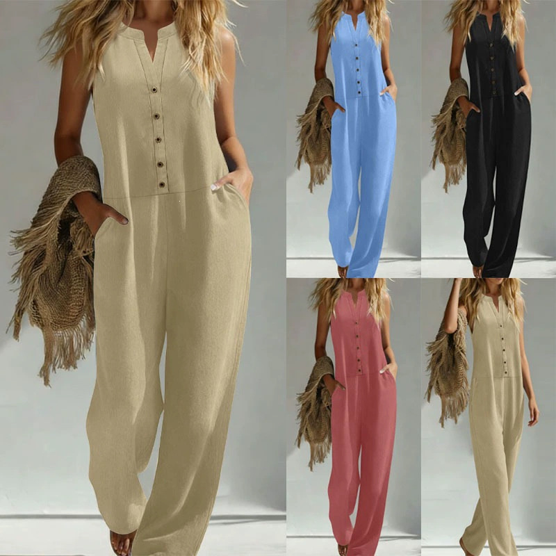 Women's Solid Wide-Leg Sleeveless V-Neck Button Jumpsuit