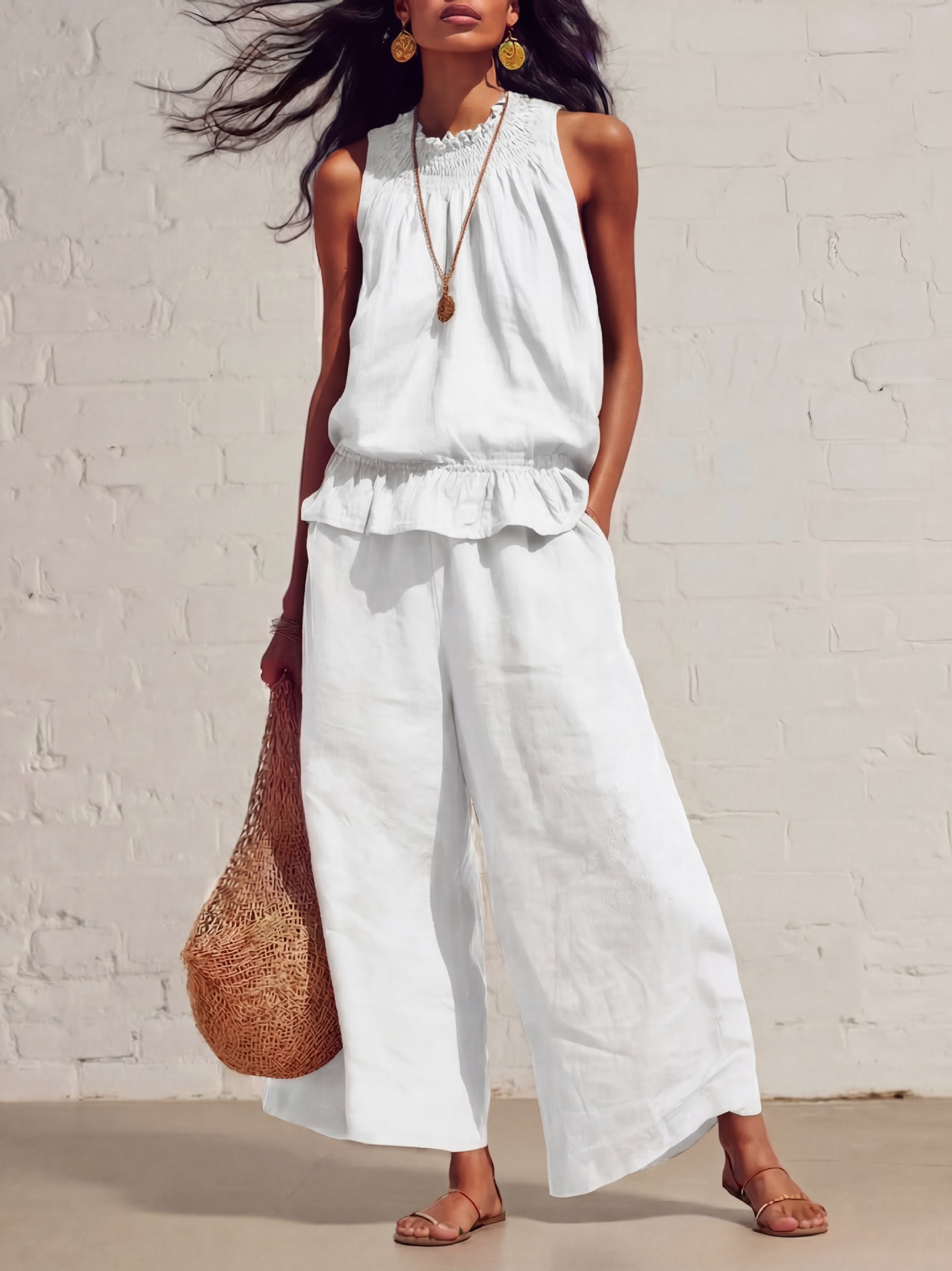 Women's Boho Ruffle Two-Piece Set Sleeveless Vest and Shorts