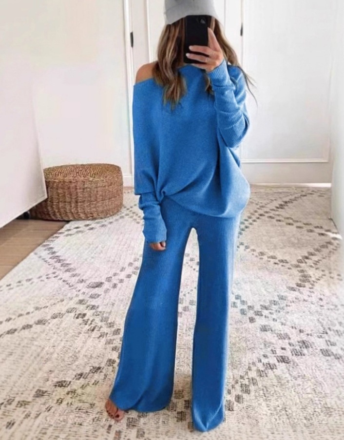 Solid Color Batwing Sleeve Drawstring High Waist Wide Leg Knit Two-Piece Pants Set