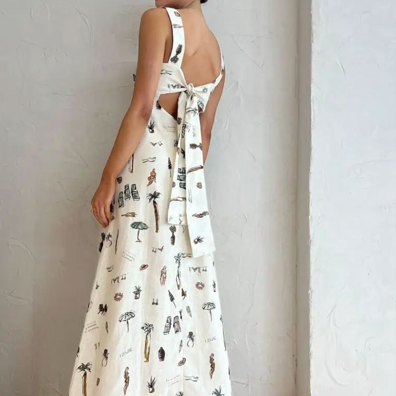 Women's Sleeveless Tie-Strap Printed A-Line Maxi Dress