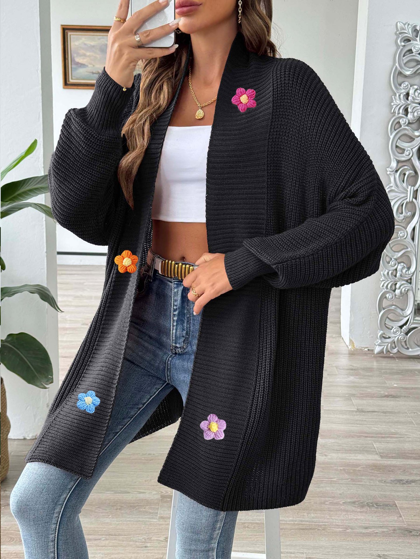 Women's Hand-Crochet Floral Patchwork Loose Cardigan Sweater