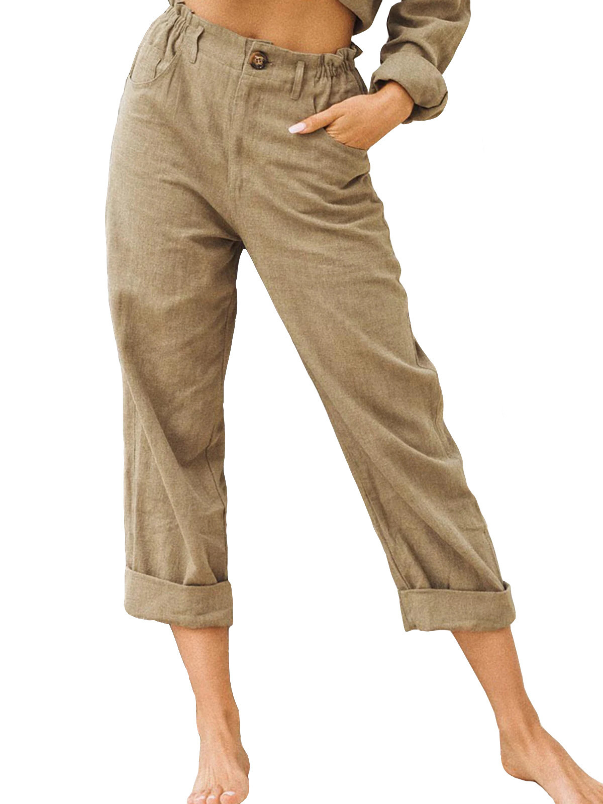 Women's Cotton-Linen High-Waist Straight-Leg Casual Pants