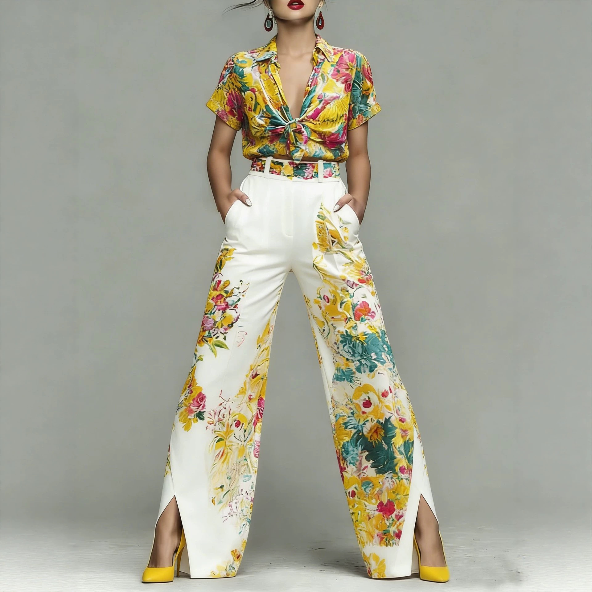 Women's Floral Print Knot Shirt and Pants Two-Piece Set