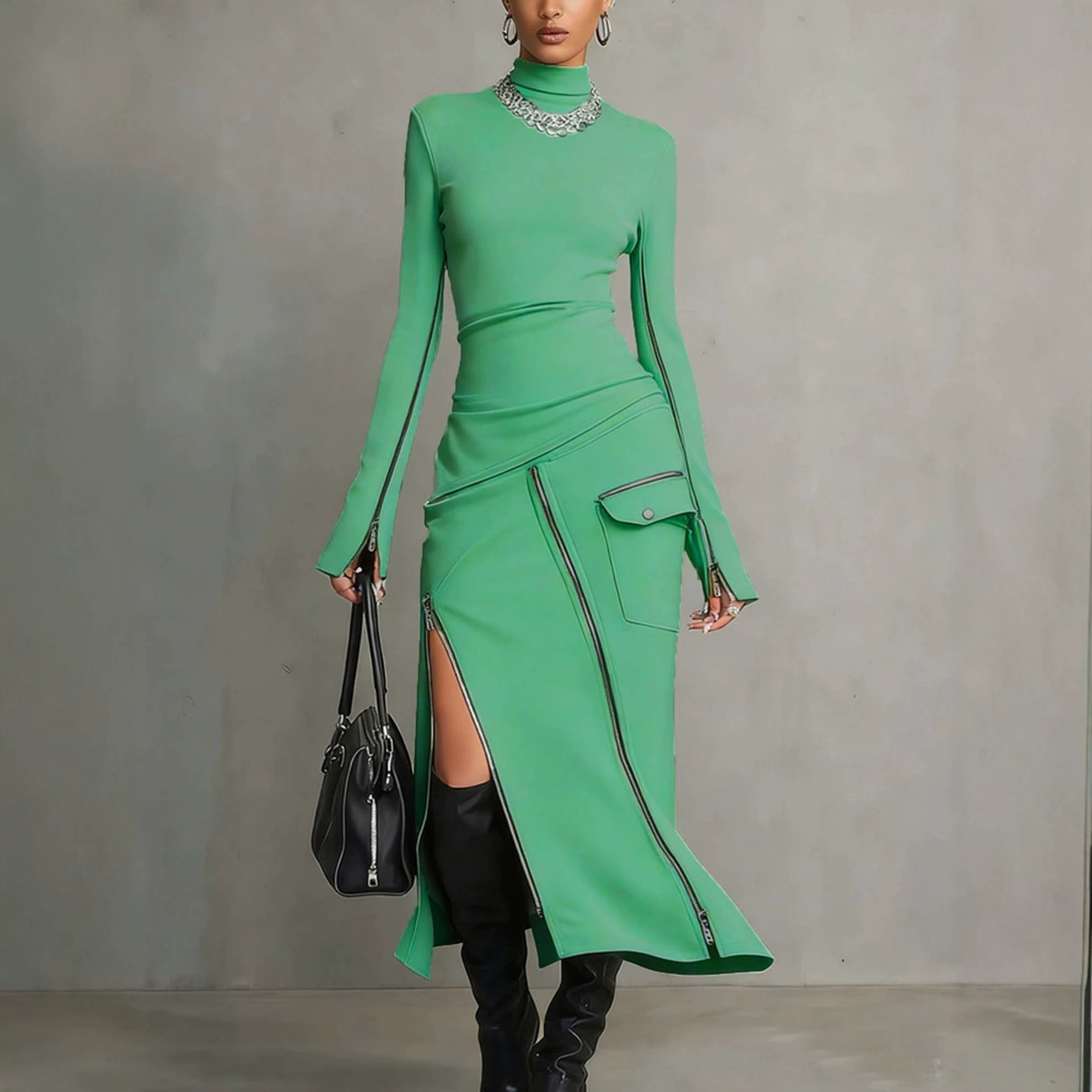 Minimalist Side-Zip Bodycon Midi Dress with Shoulder Pads