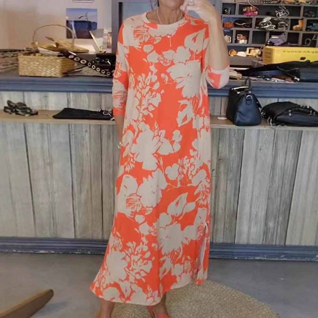 Printed Round Neck Long Sleeve Maxi Dress