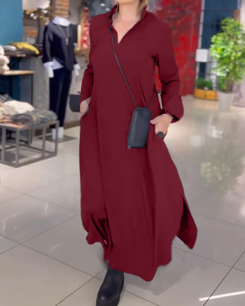 Women's Casual Solid V-Neck Long Sleeve Pocket Dress