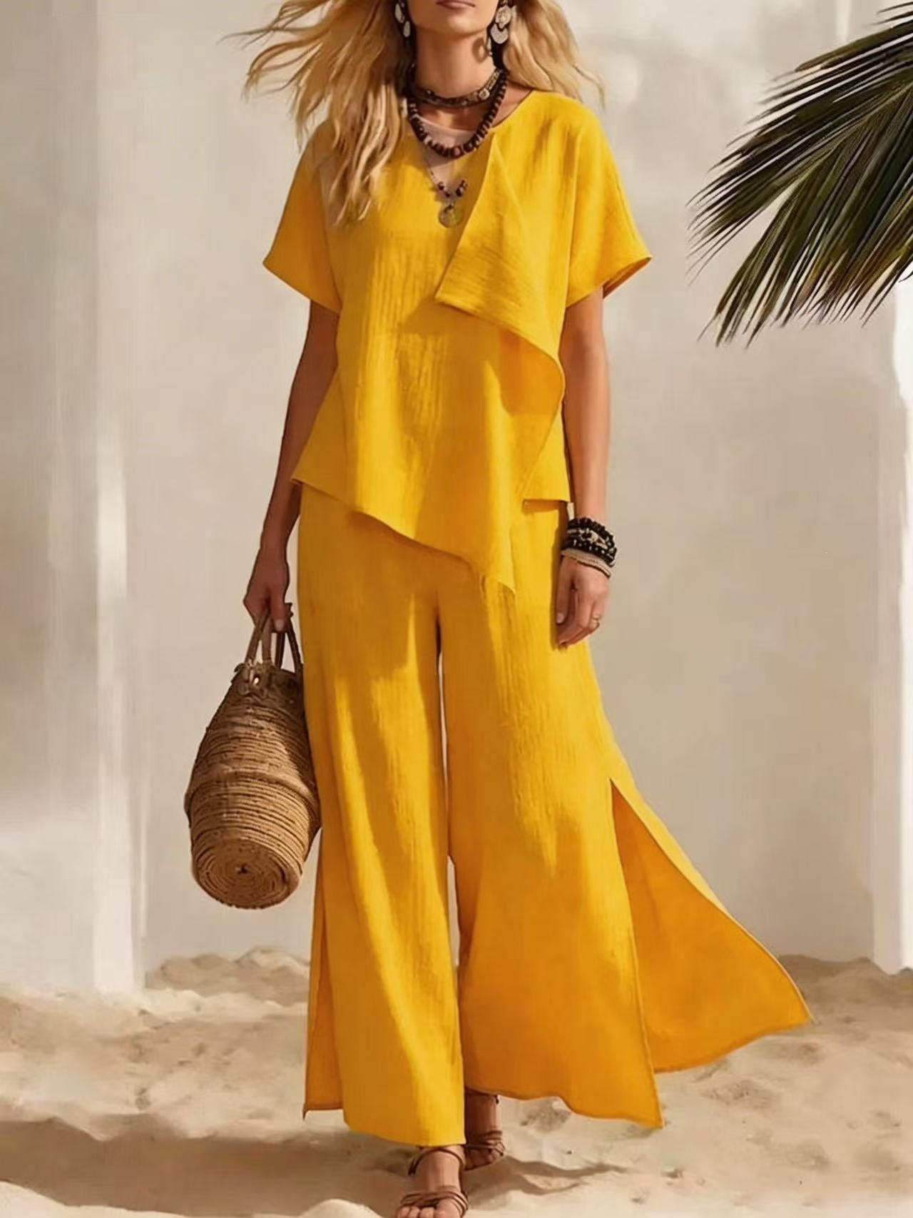 Women's Casual Asymmetric Short Sleeve Top and Slit Wide Leg Pants Set