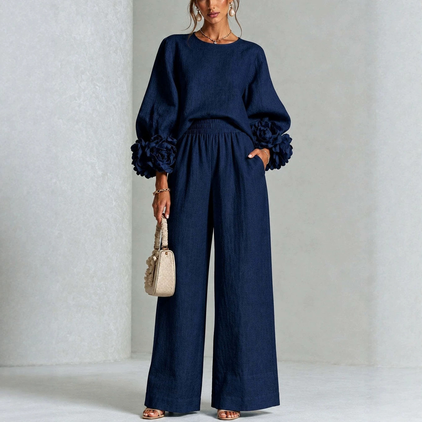 Floral Print Long Sleeve Round Neck Shirt & Wide-Leg Pants Set