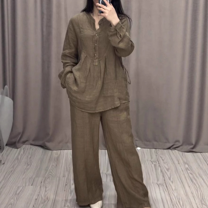 Cotton-Linen Long-Sleeve Half-Placket Pleated Wide-Leg Pants Set