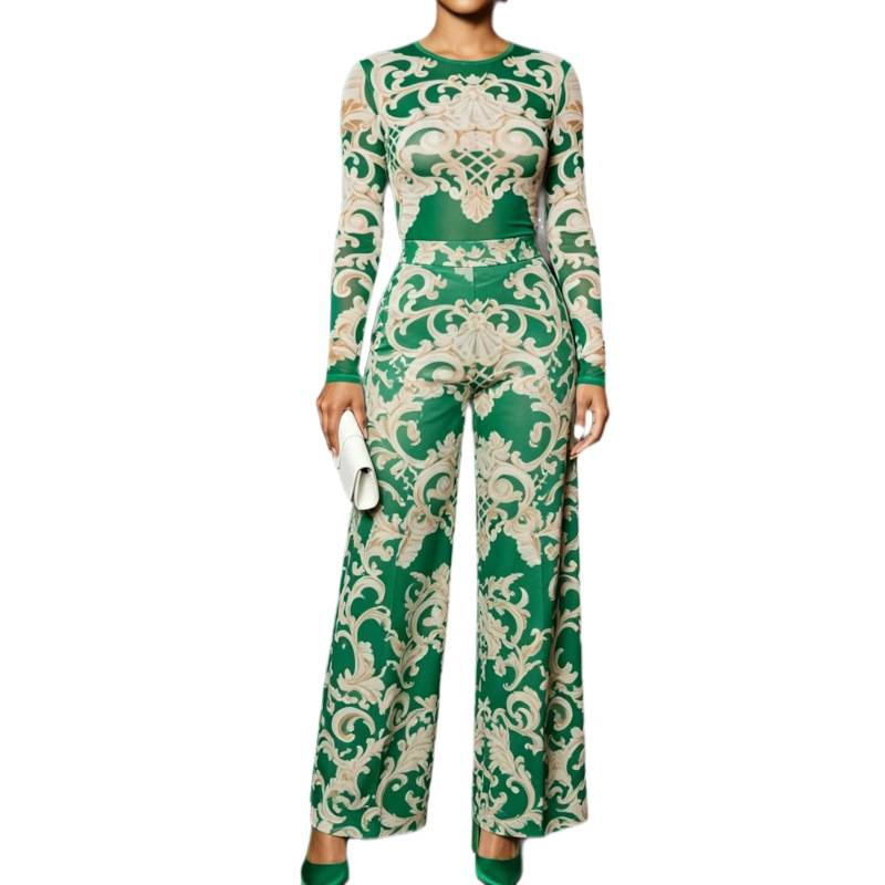 Floral Print Long Sleeve High Waist Two-Piece Pants Set