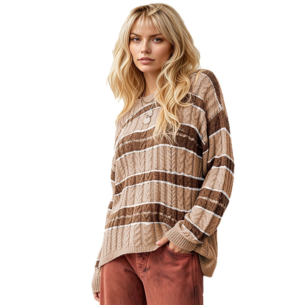 Striped Cable-Knit Pullover Sweater Women's Loose Fit Crew Neck