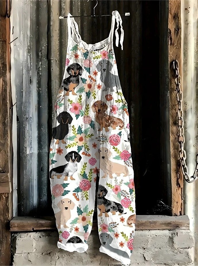 Women's Vintage Floral Print Sleeveless Jumpsuit Casual Tie-Waist
