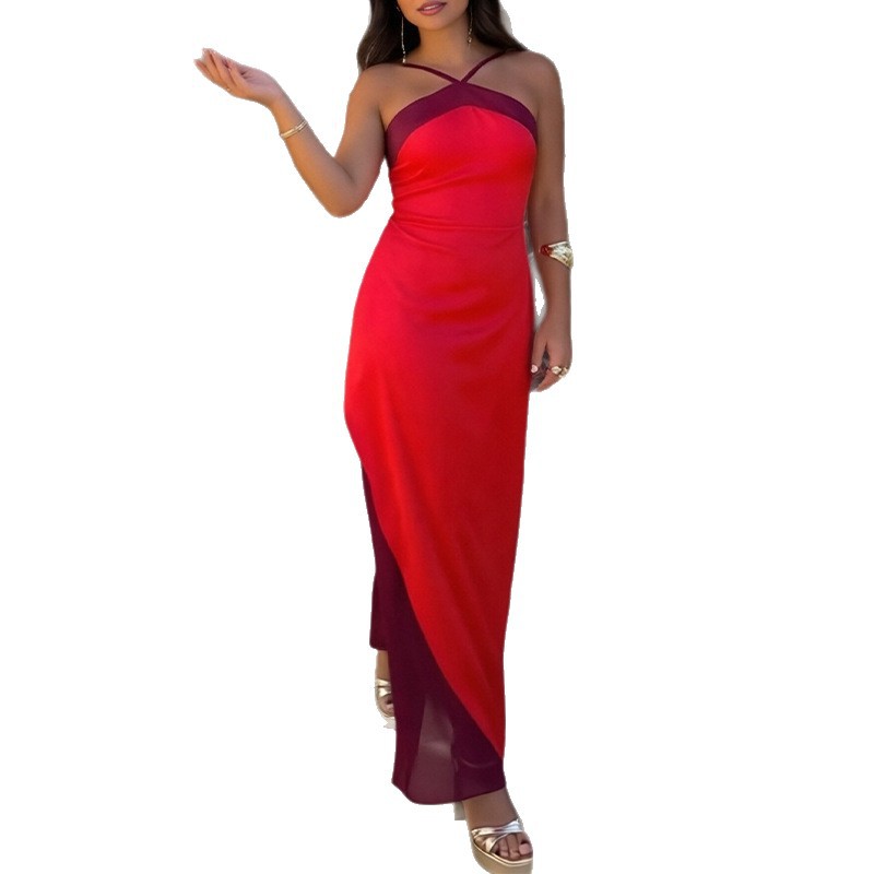 Women's Sleeveless Halter Neck Long Dress Slim Fit Solid Color Elegant