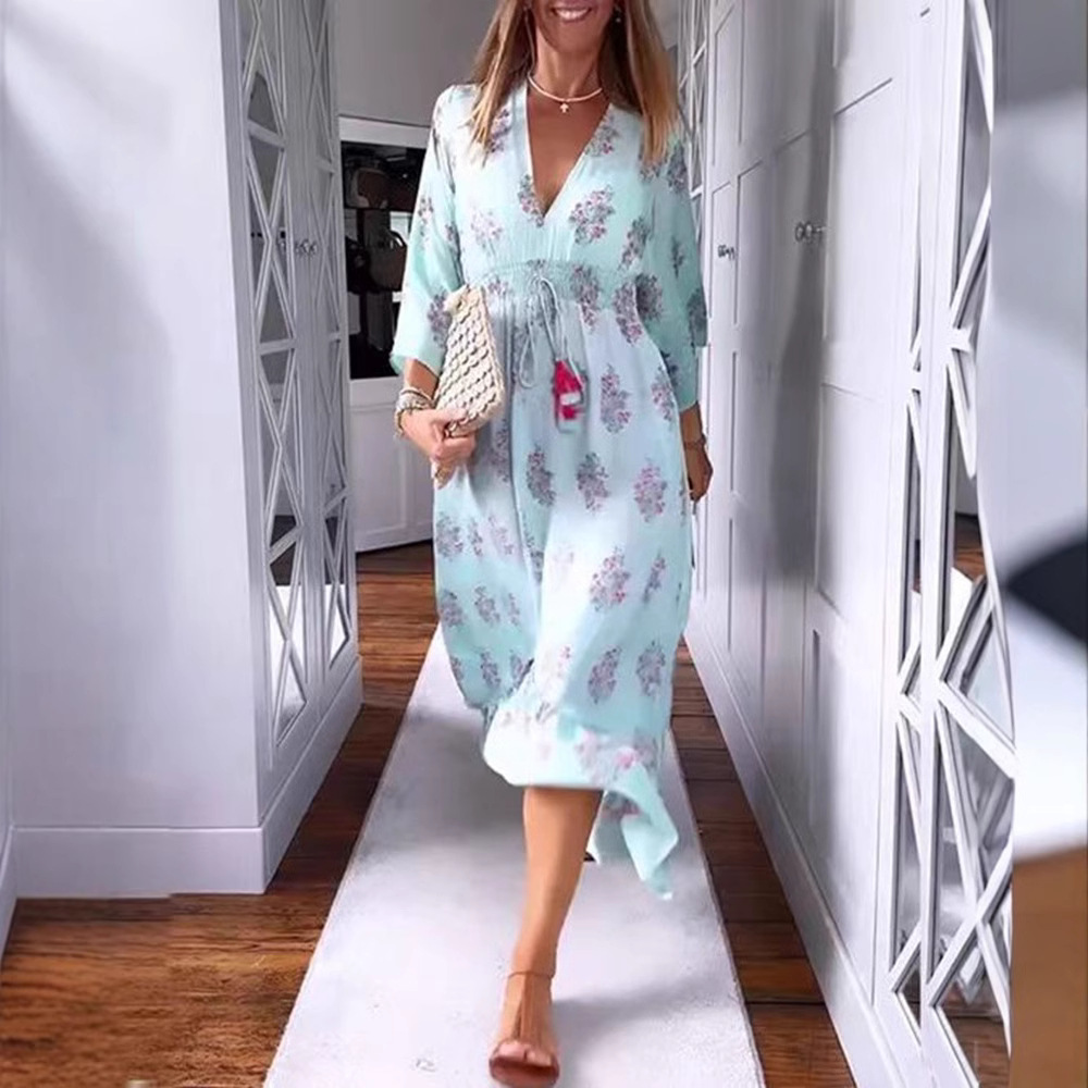 Women's Casual Floral Print V-Neck Long Sleeve Maxi Dress